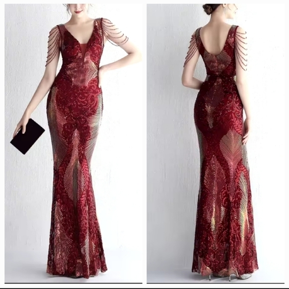 WIne Red, Floral, Sleeveless,  Round Back, V Neck,  Sequined Mermaid Gown - Picture 3 of 16